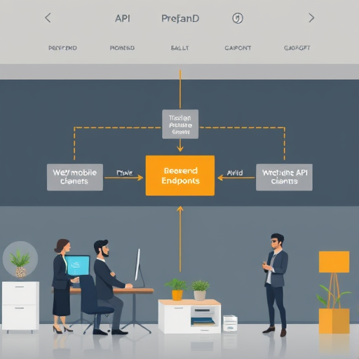 modern API architecture diagram illustration, showing frontend and backend integration, animated arrows indicating API requests and responses between web/mobile clients and DeepSeek/