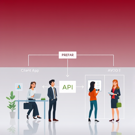 animated diagram illustrating API integration flow between client app, backend framework (Django/Node.js)