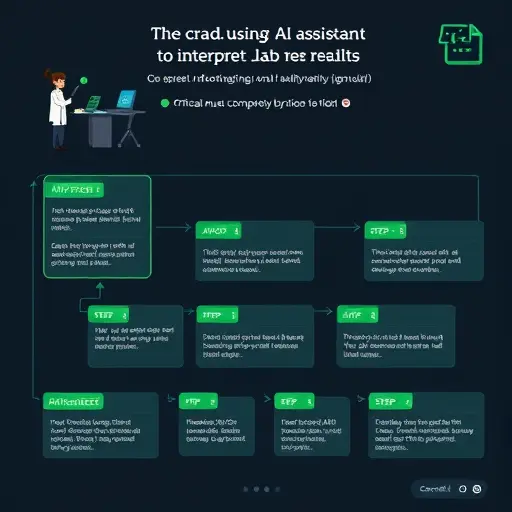 step-by-step flowchart of using an AI assistant to interpret lab results, structured prompt blocks and icons for data fields, dark themed UI with green highlights, minimal, text-free