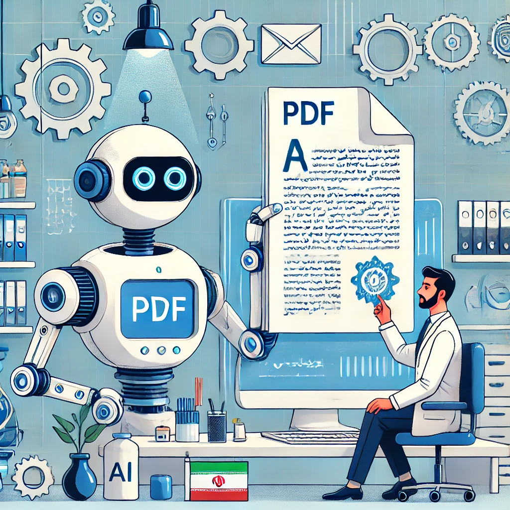 cartoon illustration of a scientific PDF document being accurately translated by AI, technical icons, medical and engineering symbols, high-tech color palette, text-free