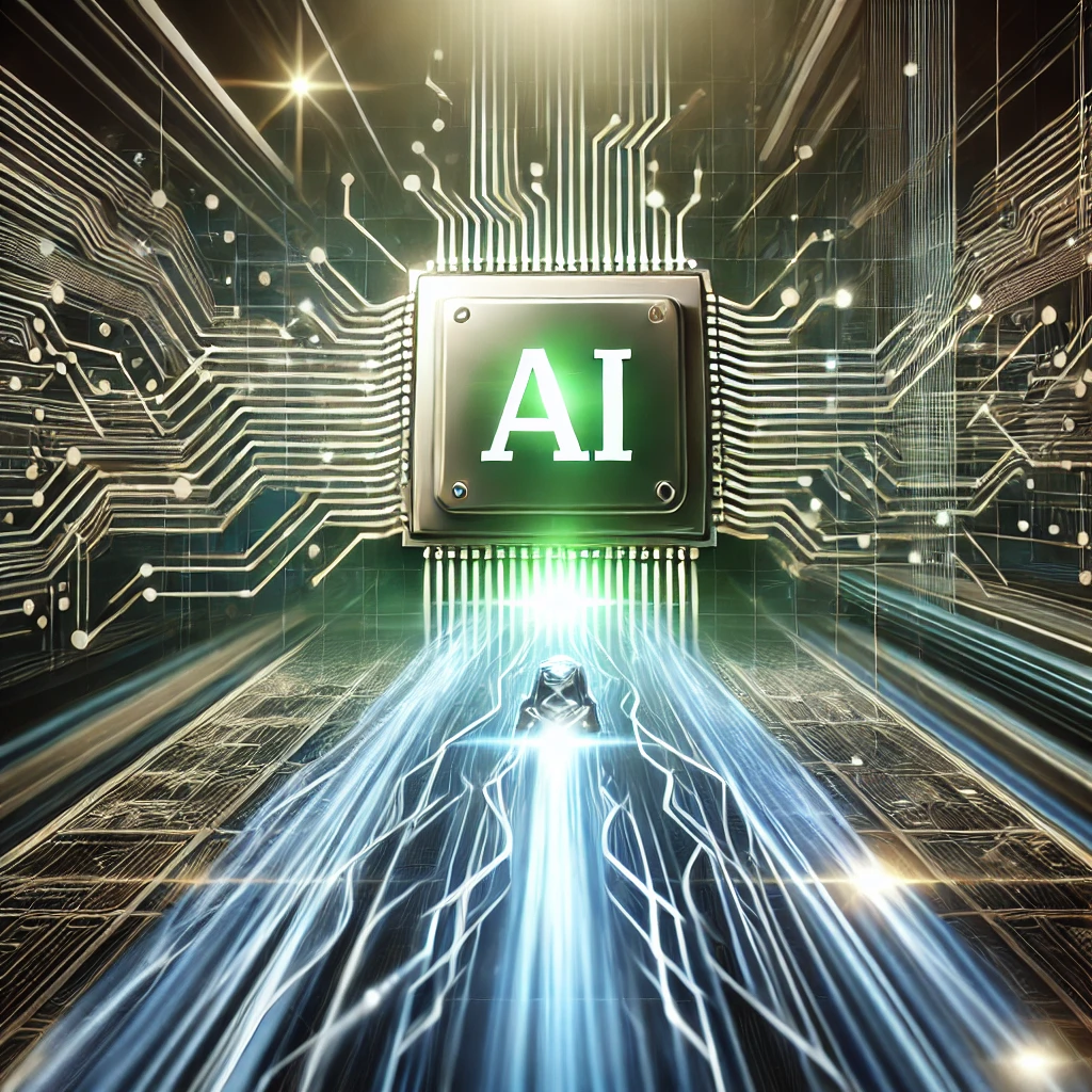 abstract tech illustration showing speed and precision in AI data analysis, fast digital lines, AI chip, cartoon style, accent green highlights, no text
