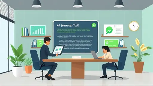 cartoon style illustration of an AI summary tool processing long text documents, abstract interface, with technology symbols and green accent colors, text-free and modern look