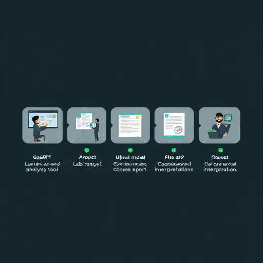flowchart illustration showing the 5-step process: open GapGPT, select lab analysis tool, upload lab report, choose model (GPT-4o, Claude, Gemini), get structured interpretation;
