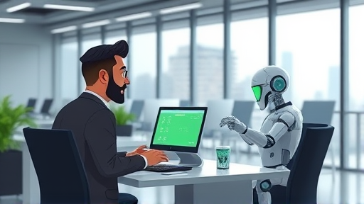 futuristic technology scene with animated AI assistants interacting in an Iranian business context, green accent, happy cartoon users, no text