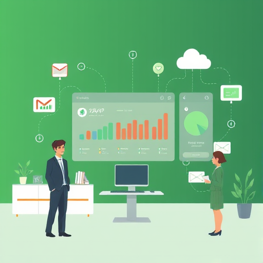 illustrated app integration dashboard, animated icons of email, cloud, chat, and data connected by AI lines, green and dark background, text-free