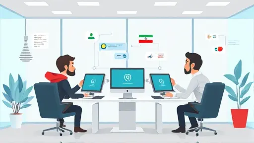 modern AI support center with animated Iranian tech support characters, chat bubbles, user-friendly interface, clean layout, cartoon style, no text