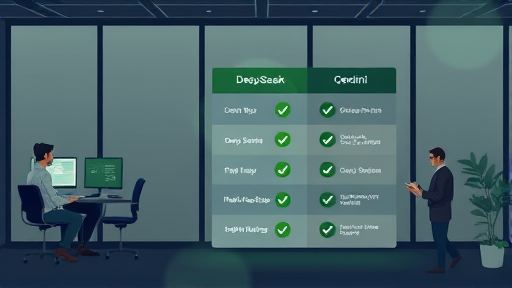 (DeepSeek, ChatGPT, Gemini), checkmarks for features, animated web UI, green accents, dark background, no text