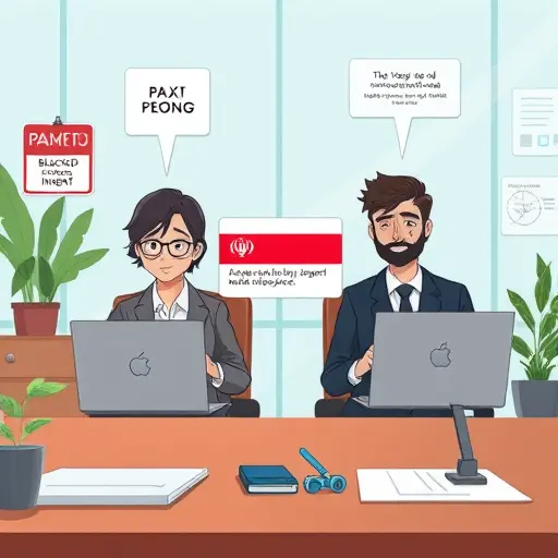 animated illustration of two Iranian users facing confusing payment, blocked internet signs, and warning pop-
