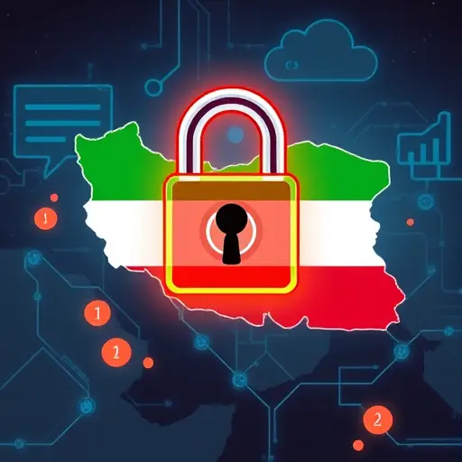cartoon-style digital padlock and blocked access warning symbols overlaid on a stylized internet map of Iran, with AI cloud icons and tech backgrounds, no text