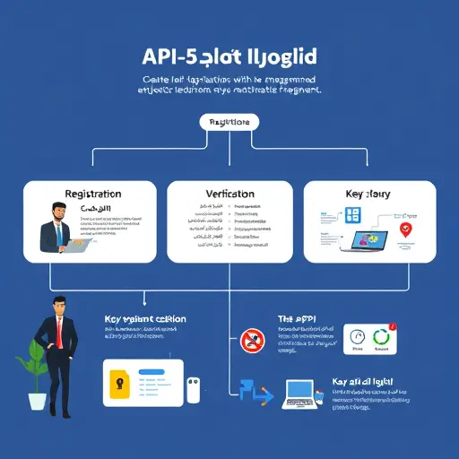 modern API key management flow diagram, cartoon style illustration including registration, verification, key issuance and usage, text-
