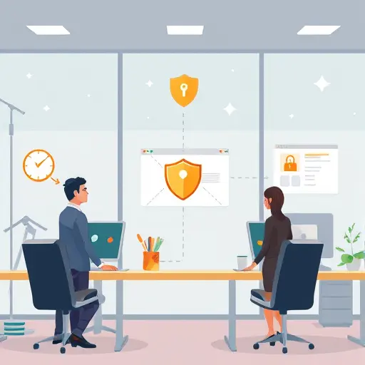 cartoon style illustration of a secure API authentication flow, showing key generation, dashboard interface, shield and lock icons, text-free