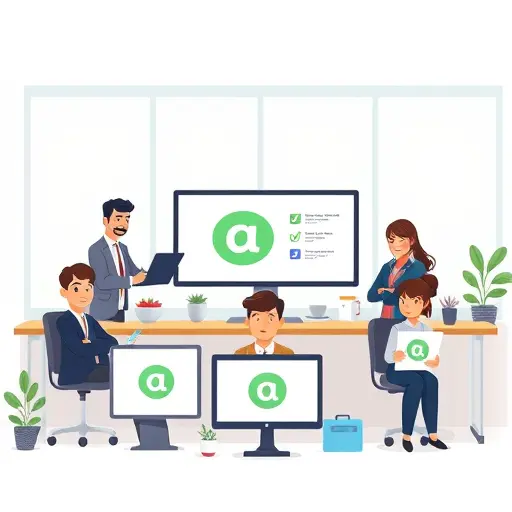 cartoon style illustration of various small business owners and creators using an AI-powered logo design tool on different devices, Iranian digital context, vibrant green highlights, text-free