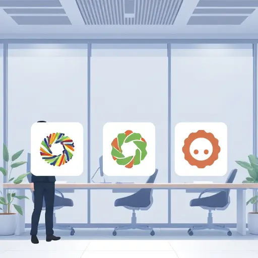 animated illustration of three symbolic AI models (ChatGPT, Claude, Gemini), each generating unique logo designs, abstract tech concept, no text