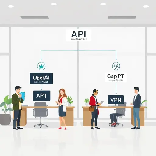 modern API architecture diagram, animation style, showing two flows: user+VPN connecting to OpenAI API, versus direct Iranian user connecting to GapGPT API, visual icons for server, VPN, code, all text-free