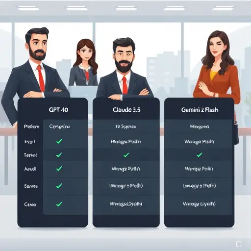 clean comparison illustration with three columns for GPT-4o, Claude 3.5 Sonnet, Gemini 2 Flash, icons, checkmarks, dark UI, green accents, text-free