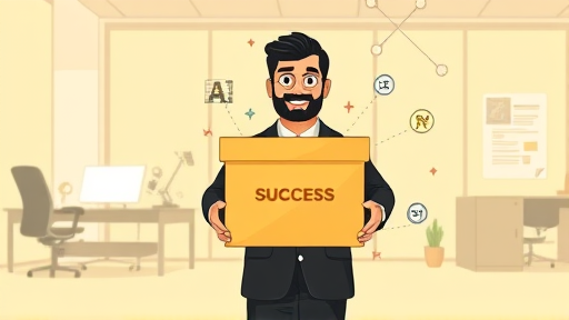 modern illustration showing a success box, with animated AI symbols and a happy business owner holding a new logo, technology design, no text