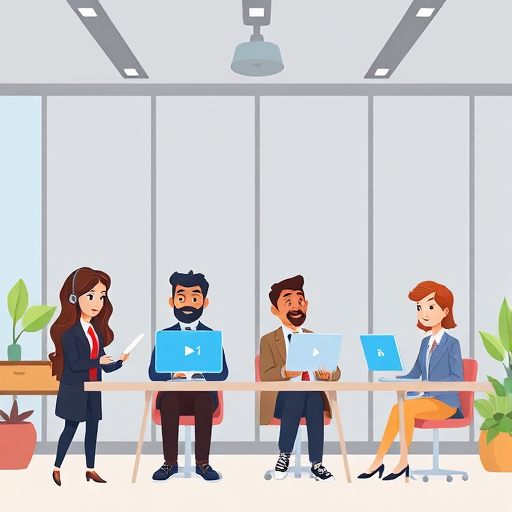 cartoon style illustration showing different business owners using chatgpt agents in their workflows, from support, marketing, to reporting and education, abstract environment, no text