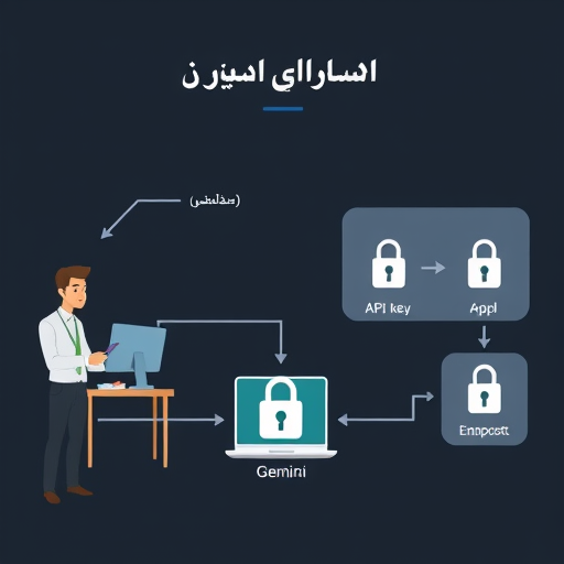 diagram showing the flow of API key from secure vault/environment variable to the app, to Gemini endpoint, cartoon tech style, lock icons representing security, dark background, no text