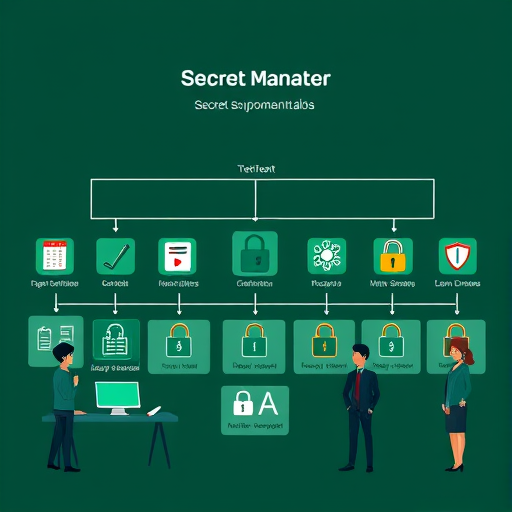 abstract animated schematic illustrating secret manager usage, environment variables, folder structure, locks and shield icons, cartoon tech, dark green theme, no text