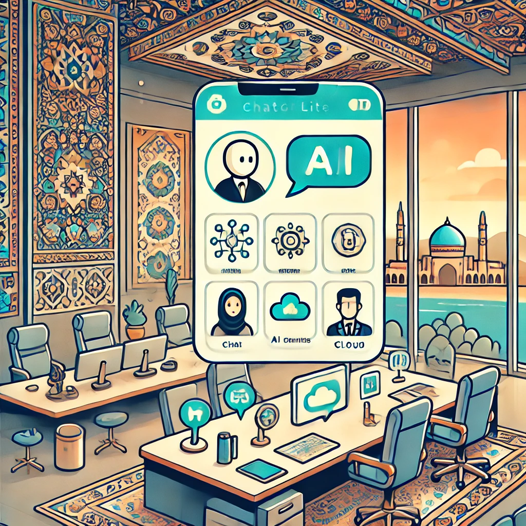 modern AI app interface in animated style, minimalist cartoon, clean technology icons, representing ChatGPT Lite, no text