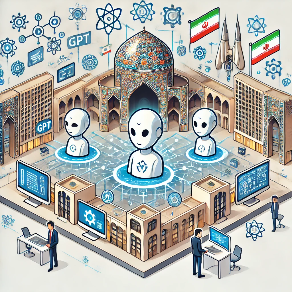 illustration showing multiple AI models (GPT, Claude, Gemini) connected in a hub, cartoon style, Iranian cultural motifs, tech icons, no text