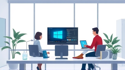 modern illustration of an AI assistant working on a Windows computer, animated style, glowing neural elements, seamless integration, technology concept, clean, text-free