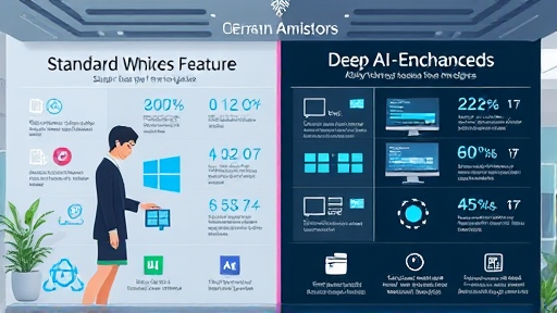animated infographic comparing standard Windows features versus deep AI-enhanced features, stylized icons, techy design, no text