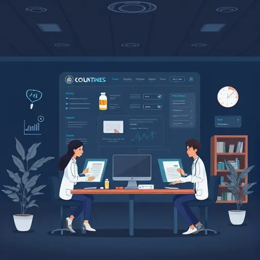 illustration of an AI-powered prescription generator, medical icons (pill bottle, stethoscope, lab forms)