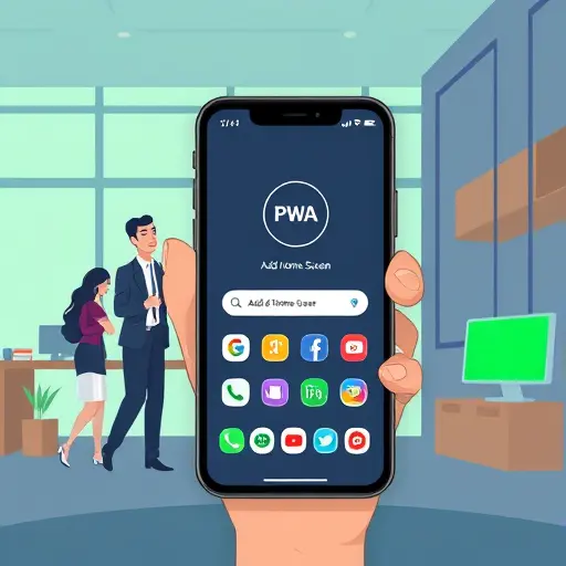illustrated smartphone showing a PWA install flow 