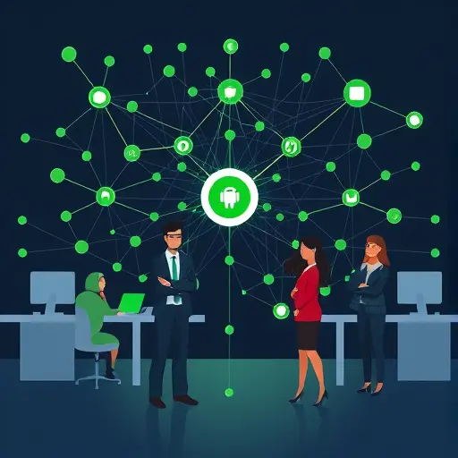 abstract neural network illustration optimized for mobile adoption, symbols of Android and iOS in minimal icon form, dark theme, green accent, no text