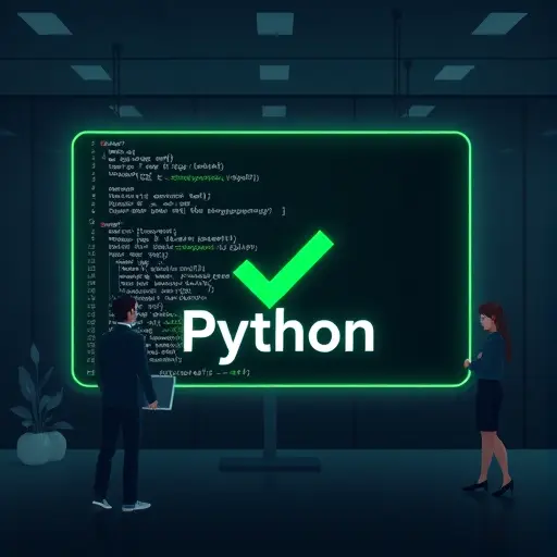 abstract terminal window showing a green check mark for python installation, dark theme, neon accents, minimalistic tech illustration, no text