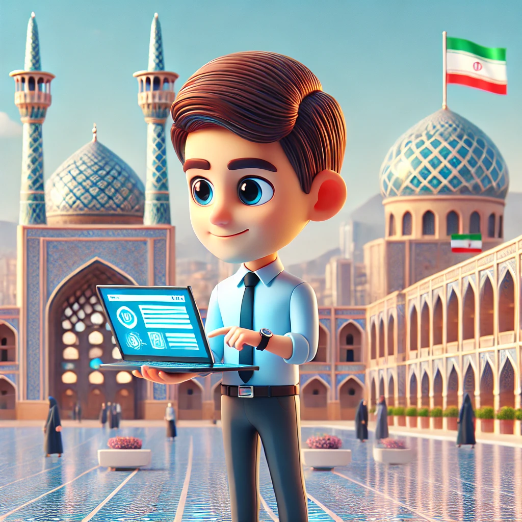 young animated character using a futuristic AI-