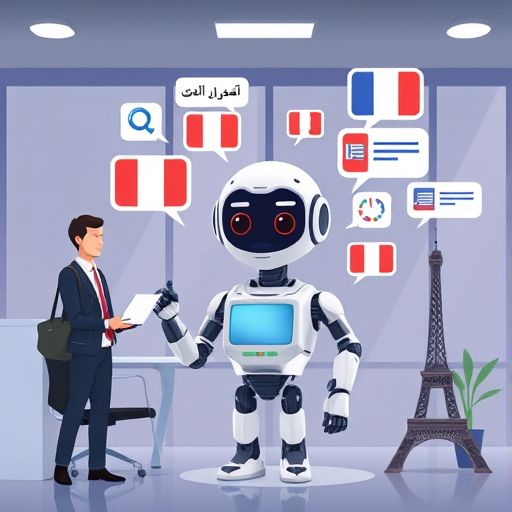 modern animated illustration showing artificial intelligence chatbot interacting with French language symbols, including the French flag, Eiffel Tower, and speech bubbles, digital education concept, text-free