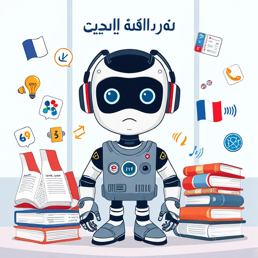 cartoon-style illustration of an AI chatbot surrounded by French dictionaries, vocabulary cards, grammar books, and audio icons, tech-education blend, no text