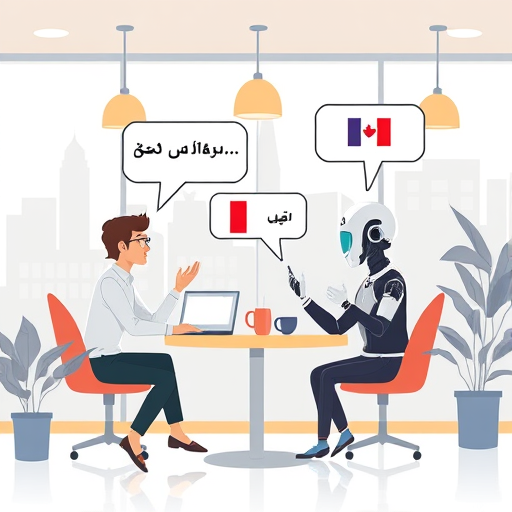 animated split-screen illustration of a digital French cafe and a virtual AI chatbot with French dialogue bubbles, language learning scenario simulation, clean, text-free
