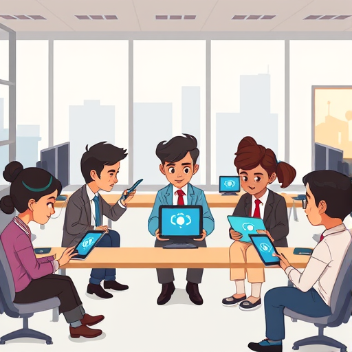 cartoon illustration of Iranian students using tablets and computers with AI avatars, engaging in interactive historical learning, animated, colorful, no text