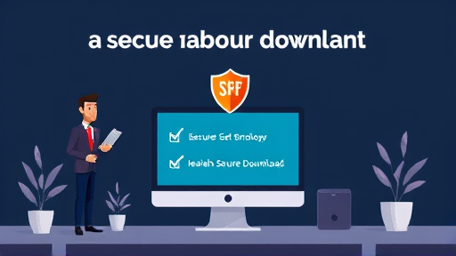 animated illustration of secure software download checklist, shield symbol, Windows computer, simple infographic, dark background, no text
