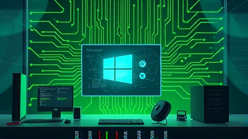 modern AI neural network illustration boosting Windows PC performance, animated computer chips and digital patterns, green and blue colors, no text