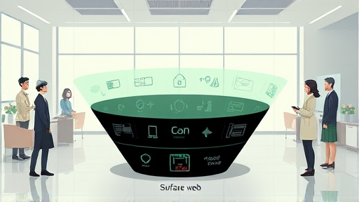 diagram illustration of surface web, deep web, and dark web layers, visually separated levels, digital abstract style, green accent, no text