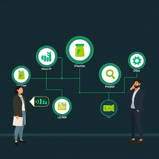 animated clinical markers mapping: ferritin, vitamin D, uric acid, D-dimer, LDL/HDL visual icons connected to conditions, clean infographic style, dark background, accent green, text-free