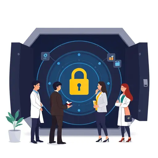 abstract secure data vault illustration for medical lab data, encrypted connections, lock icons, role-