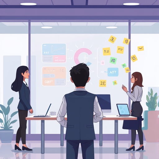 abstract animated illustration showing an AI chatbot breaking down a complex math equation or scientific diagram into simple, colorful pieces, digital, text-free