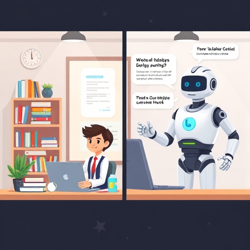 side-by-side infographic cartoon: left side with books & static info, right side with animated chatbot offering customized answers, vibrant, clean, text-free