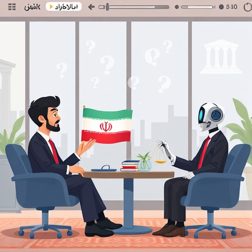 cartoon illustration of animated philosophy discussion between AI chatbot and a student, digital floating philosophical symbols (scales, question mark, Greek columns)