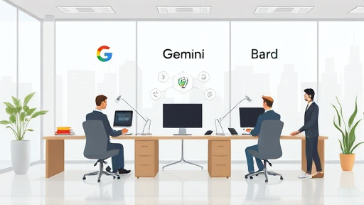 comparison chart illustration between Google Gemini, Bard, PaLM, showing AI icons and technology symbols, animated, text-free