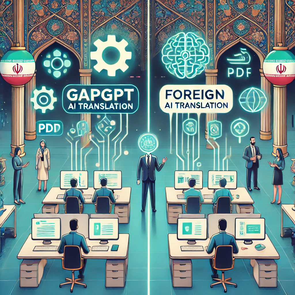 comparison illustration, GapGPT vs foreign AI translation services, PDF documents and AI technology as animated icons, Iran-