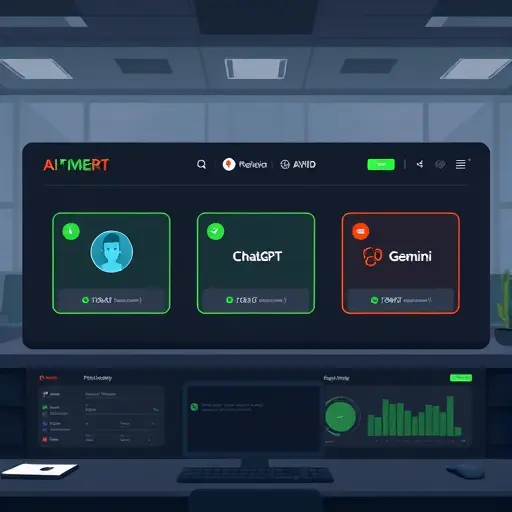 animated illustration of three AI model cards labeled generically (no text)
