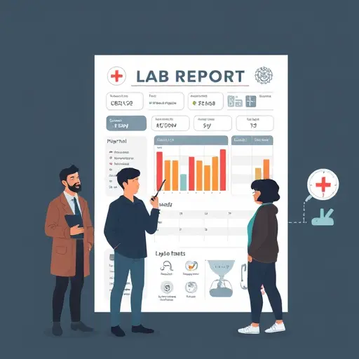 clean illustrated lab report sheet with sections labeled CBC, glucose (FBS), lipid panel, and thyroid hormones, icons for blood cells, sugar drop, cholesterol, and thyroid gland, dark UI theme matching #171717