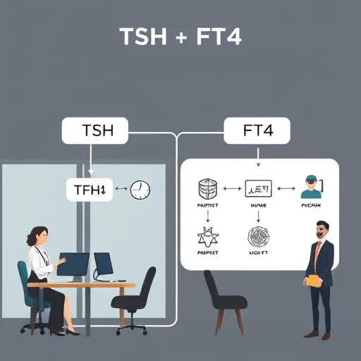 minimal flowchart illustration showing TSH and FT4 relationship: high TSH + low FT4 indicates hypothyroidism, low TSH + high FT4