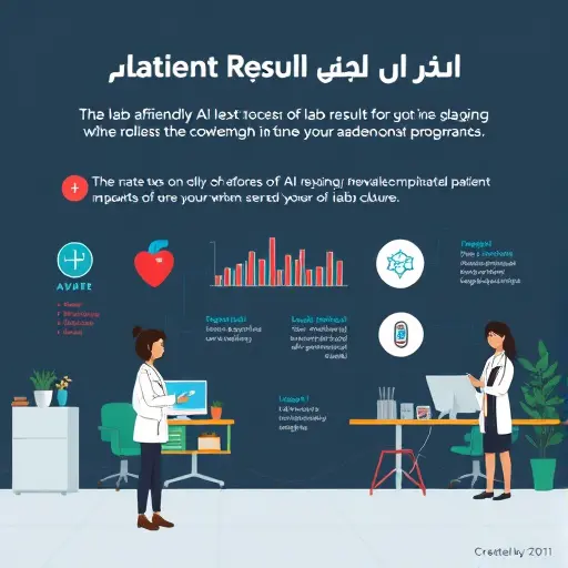 cartoon-style infographic of patient-friendly AI explanations for lab results, icons for heart, glucose meter, lipid panel, clean design, dark background, no text
